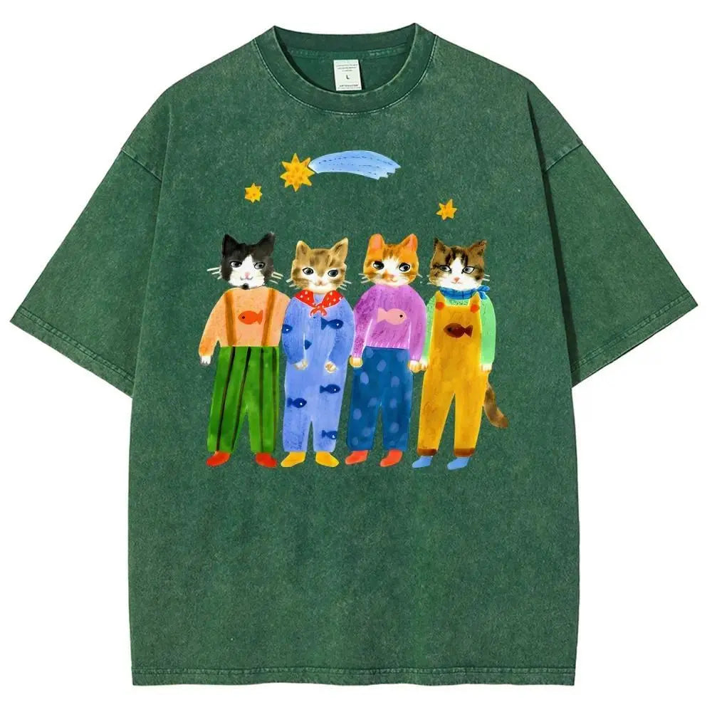 Women's Retro Hand-Painted Funny Cats in Overalls Short-Sleeve Cotton T-Shirt - Breathable Oversized Fit Streetwear Top for Vacation Outfits, Funny Graphic Tee
