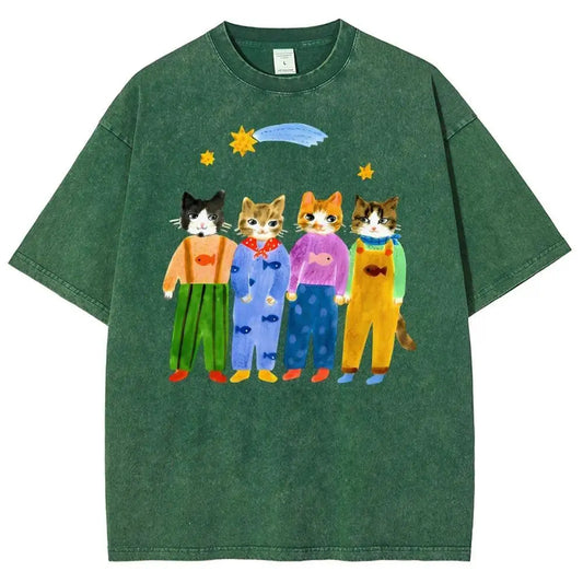 Women's Retro Hand-Painted Funny Cats in Overalls Short-Sleeve Cotton T-Shirt - Breathable Oversized Fit Streetwear Top for Vacation Outfits, Funny Graphic Tee