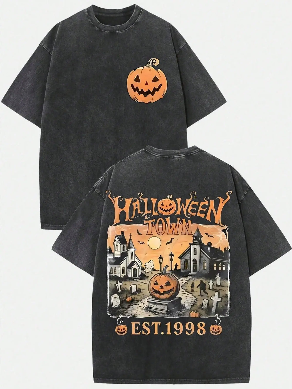Women's Vintage Halloween Town Washed Cotton T-Shirt - Est 1998 Grunge Gothic Punk Emo Y2K Tops, Regular Sleeve T-Shirts, Regular Sleeve Women's T-Shirts
