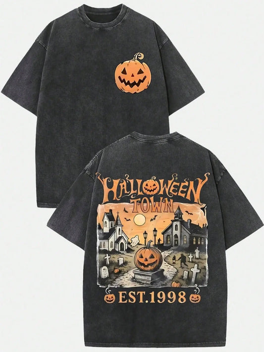 Women's Vintage Halloween Town Washed Cotton T-Shirt - Est 1998 Grunge Gothic Punk Emo Y2K Tops, Regular Sleeve T-Shirts, Regular Sleeve Women's T-Shirts