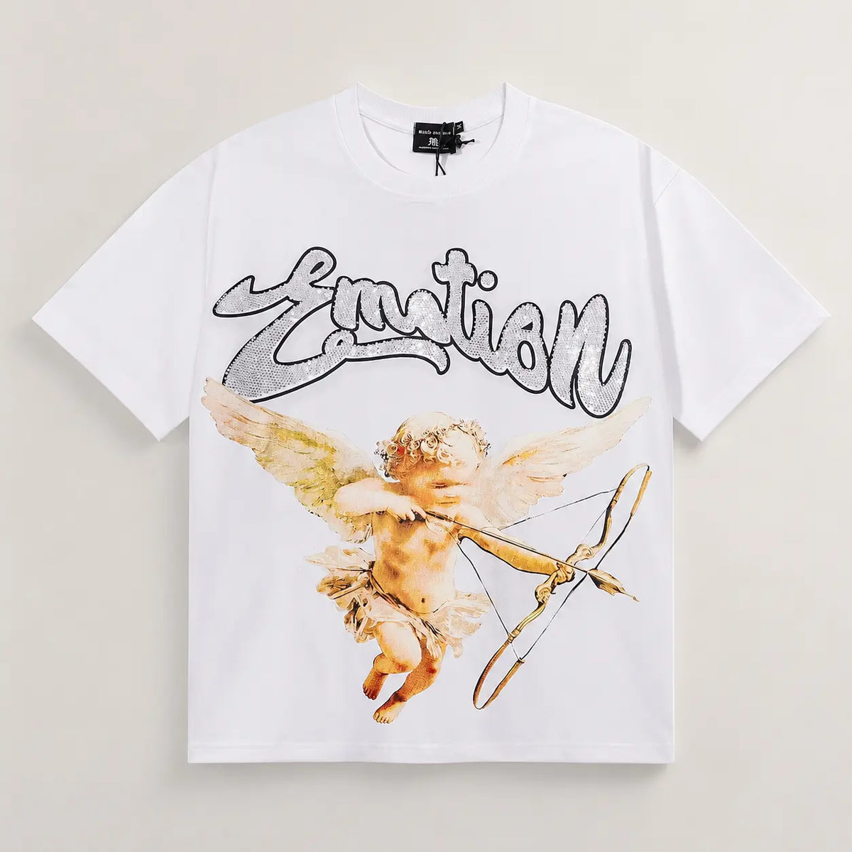 RMIXED EMOTION Rhinestone Graphic T-Shirt Men Women Oversized Cotton Tee Short Sleeve Crew Neck Streetwear Top Angel Print Gothic Y2K Hip Hop Casual Summer Shirt