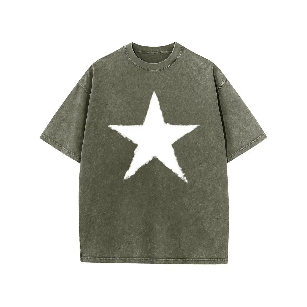 Holafish Star Graphic Acid Wash T-Shirt, Heavyweight Cotton Short Sleeve Tee, Unisex Casual Streetwear Summer Top for Men Women