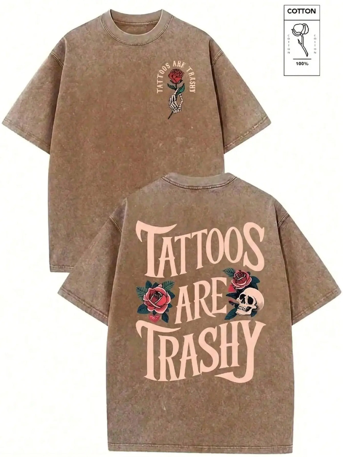 Women's Classic Short-Sleeve Oversized Washed Graphic T-Shirt, Skull Rose Print, Heavyweight Fashion Fabric Streetwear Layer, Casual Summer Top