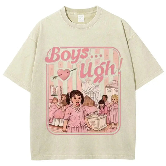 Women's Unisex Vintage Washed Cotton Graphic T-Shirt - 90s Movie "Boys...Ugh!" Funny Quote, Casual Fit Streetwear Shirts for Women with Soft Fabric