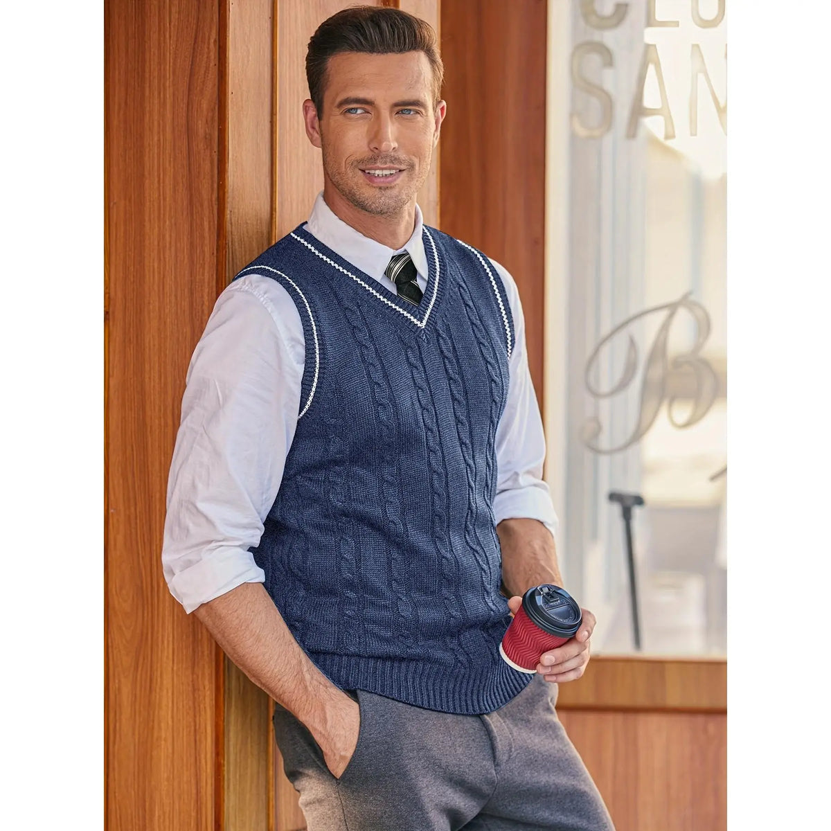 Male Slim-Fit V-Neck Stretch Knit Sweater Vest - Navy Blue, Khaki, Lightweight Breathable Fabric, Casual Sleeveless Pullover, Standard Sizes, for Spring/Fall Sports & Outdoor Wear, Menswear Tops, XXXL