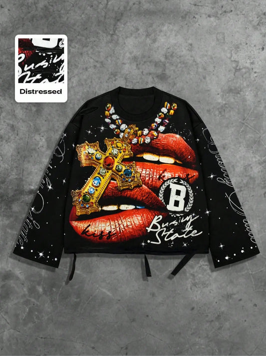 Men's Vintage Street Style Saint Graphic Print Long Sleeve Round Neck T-Shirt, Loose-Fitting Short Fit, Fall 2000s Fashion, Streetwear, Casual Clothes