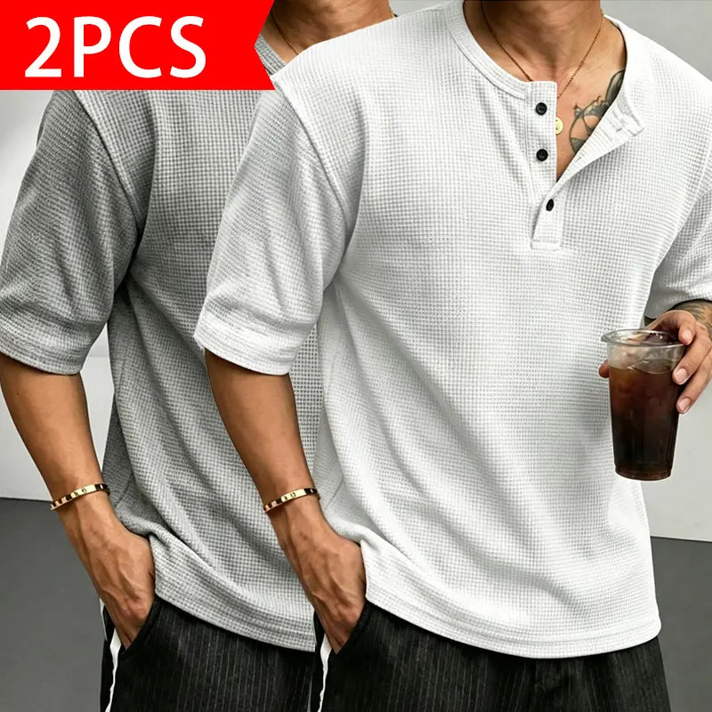 Men’s Classic Waffle-Knit Henley-Collar Short-Sleeve T-Shirt - Small Stand Collar, Half-Button Placket, Breathable Textured Knit Fabric, Relaxed Drop-Shoulder Casual Fit, Solid Basics Streetwear Top for Casual Everyday Wear