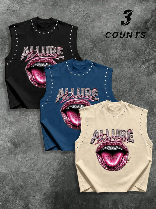 Men's Rivet Trim Diamond Lip Letter Print Graphic Sleeveless Vest Set, American Style Streetwear, Loose Fit, Three-Piece