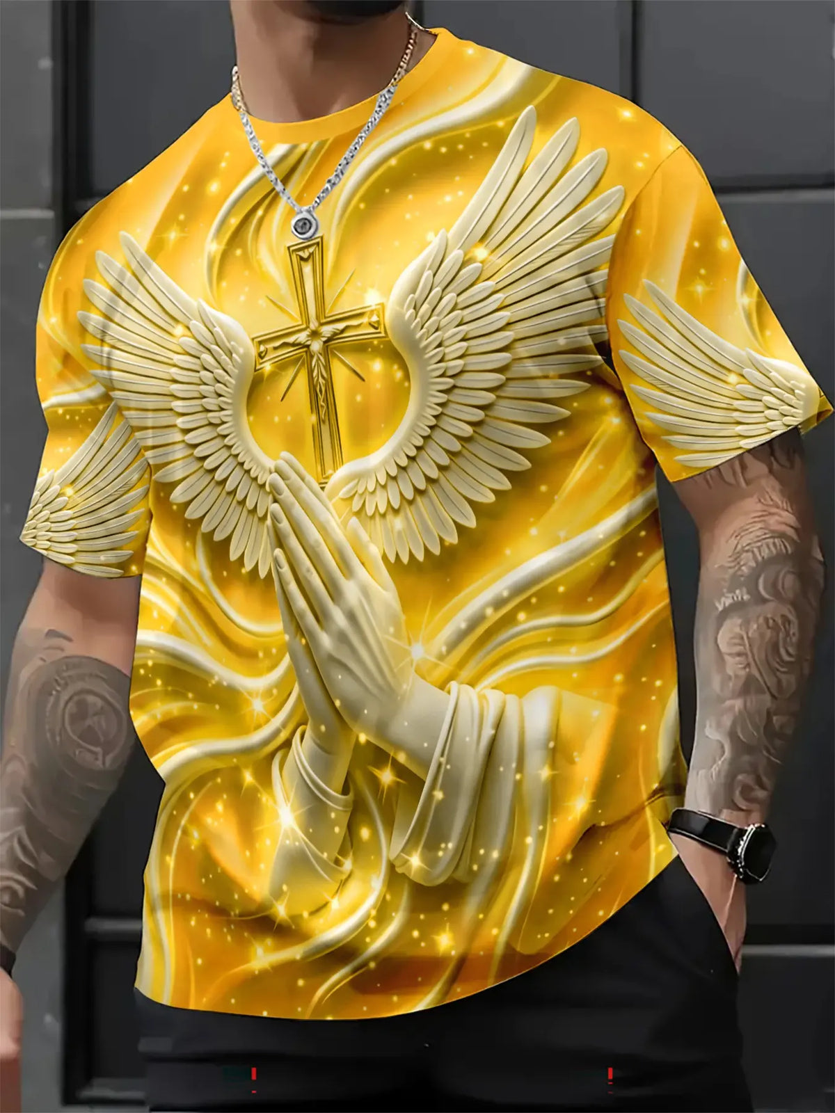 Men's Religious Prayer Angel Wings Cross 3D High Definition Graphic Print T-Shirt, Round Neck Short Sleeve Slim-Fit Summer Streetwear Stylish Tee