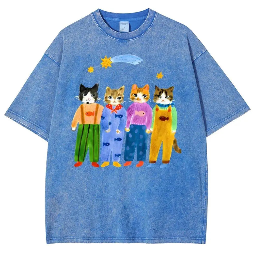 Women's Retro Hand-Painted Funny Cats in Overalls Short-Sleeve Cotton T-Shirt - Breathable Oversized Fit Streetwear Top for Vacation Outfits, Funny Graphic Tee