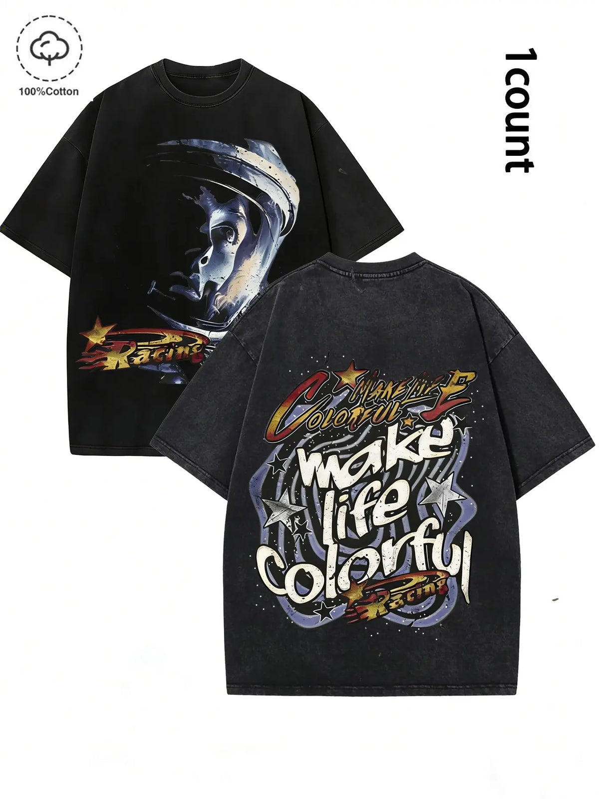 Out of This World Slogan Astronaut Pattern Cyberpunk Space Short Sleeve T-Shirt, Dark Punk Y2K Style, Unisex Streetwear Fashion
