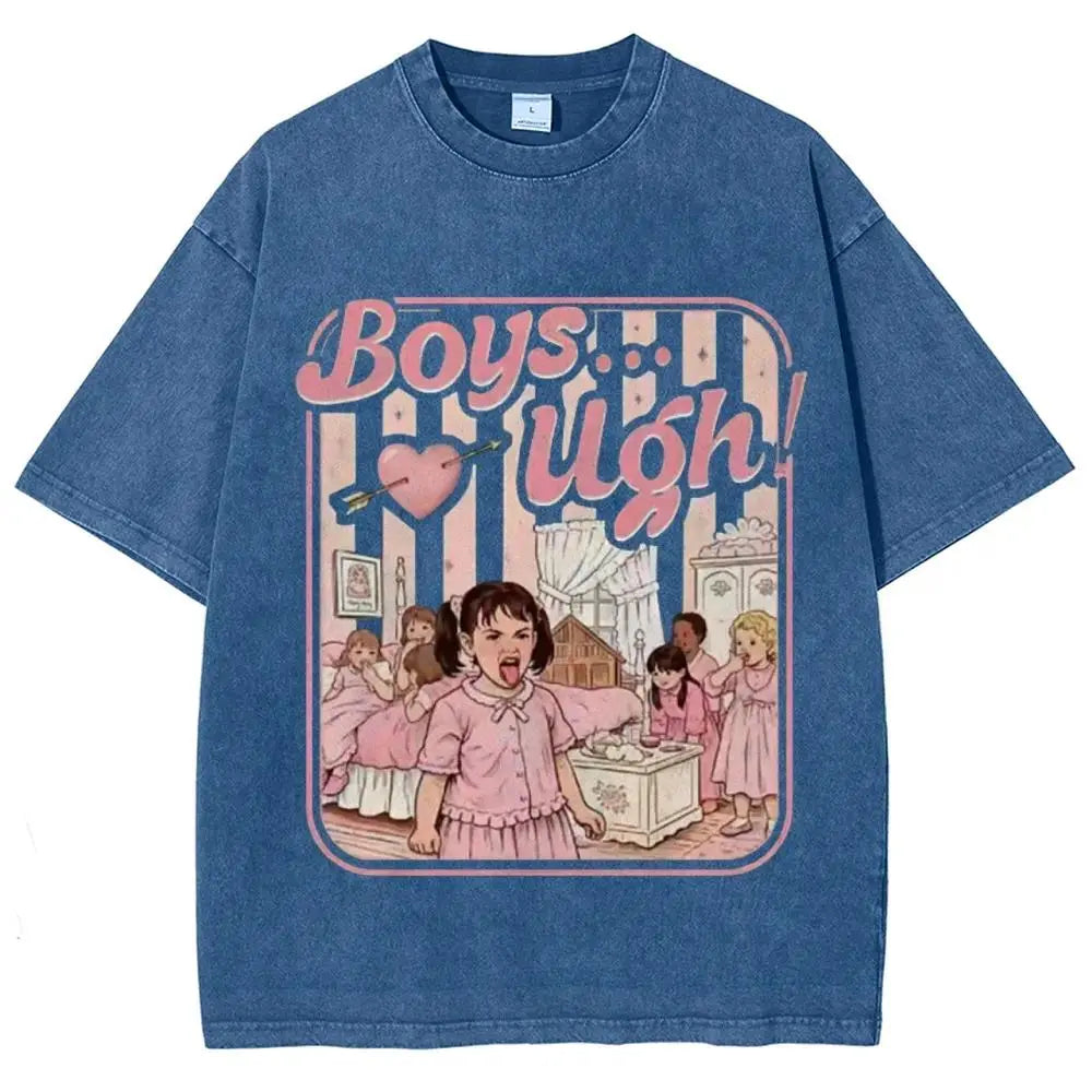 Women's Unisex Vintage Washed Cotton Graphic T-Shirt - 90s Movie "Boys...Ugh!" Funny Quote, Casual Fit Streetwear Shirts for Women with Soft Fabric