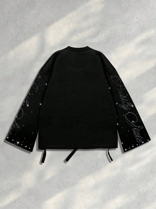 Men's Vintage Street Style Saint Graphic Print Long Sleeve Round Neck T-Shirt, Loose-Fitting Short Fit, Fall 2000s Fashion, Streetwear, Casual Clothes