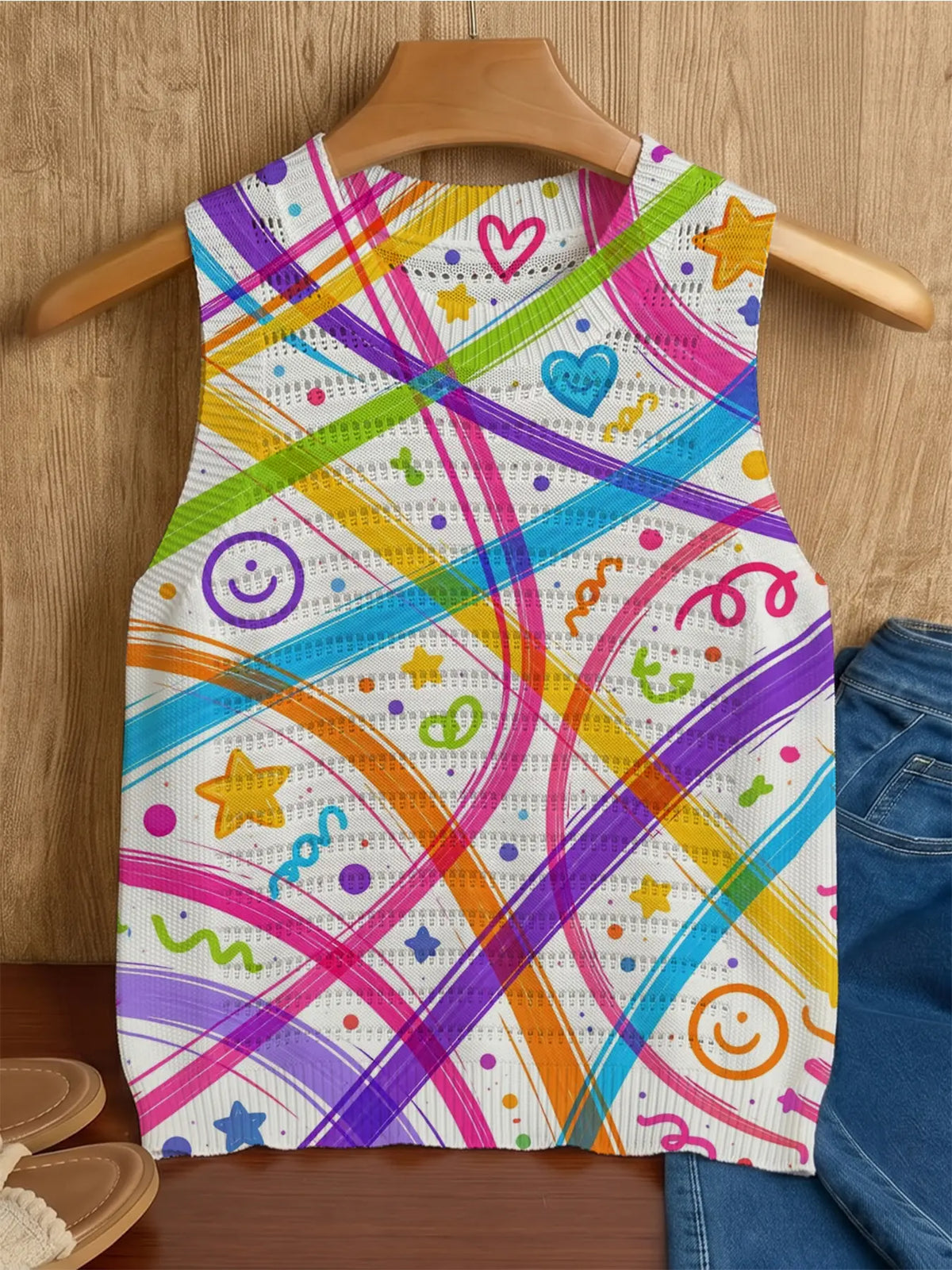 Women's Cartoon Graffiti Geometric Dot Heart Print Round Neck Sweater Vest, Casual Sleeveless Knit Top, Breathable Four-Season Wear
