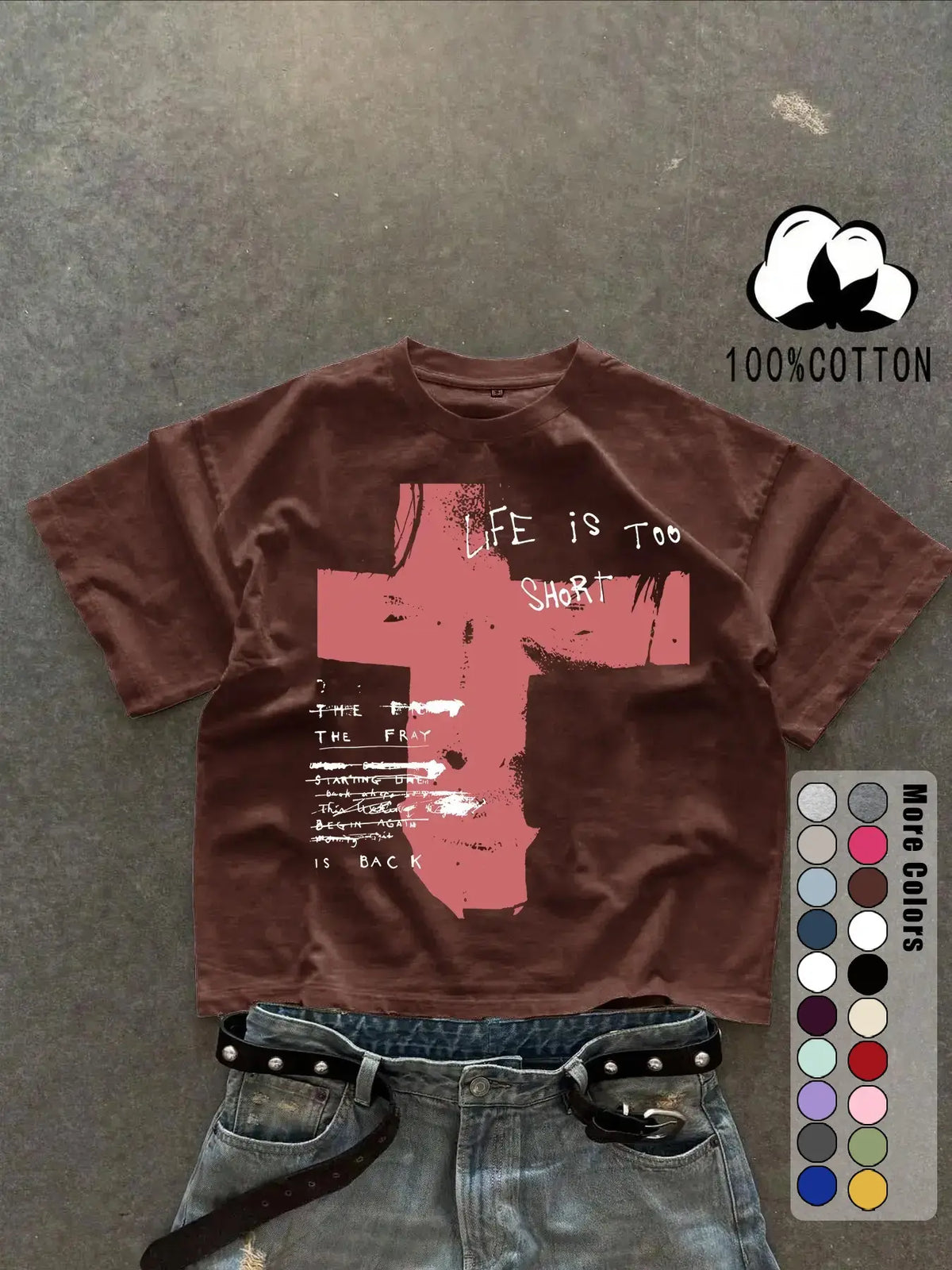 Unisex 100% Cotton Short Sleeve T-Shirt, Cross Graffiti Print, Y2K Dark Gothic Street Style, Streetwear, Casual Daily Wear, Loose-Fitting, Long Length, Aesthetic, Relaxed Fit