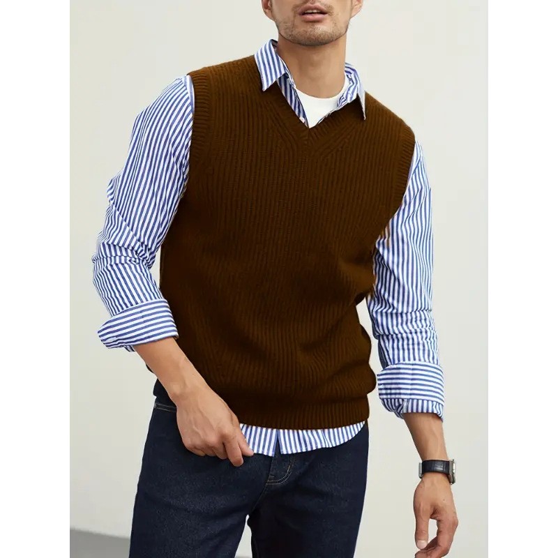 Menswear Stretch V Neck Sweater Vest Pullover Solid Color Sleeveless Preppy Style Black Collar for Fall Winter Nylon Fabric Beige Tops Casual Knit Wool