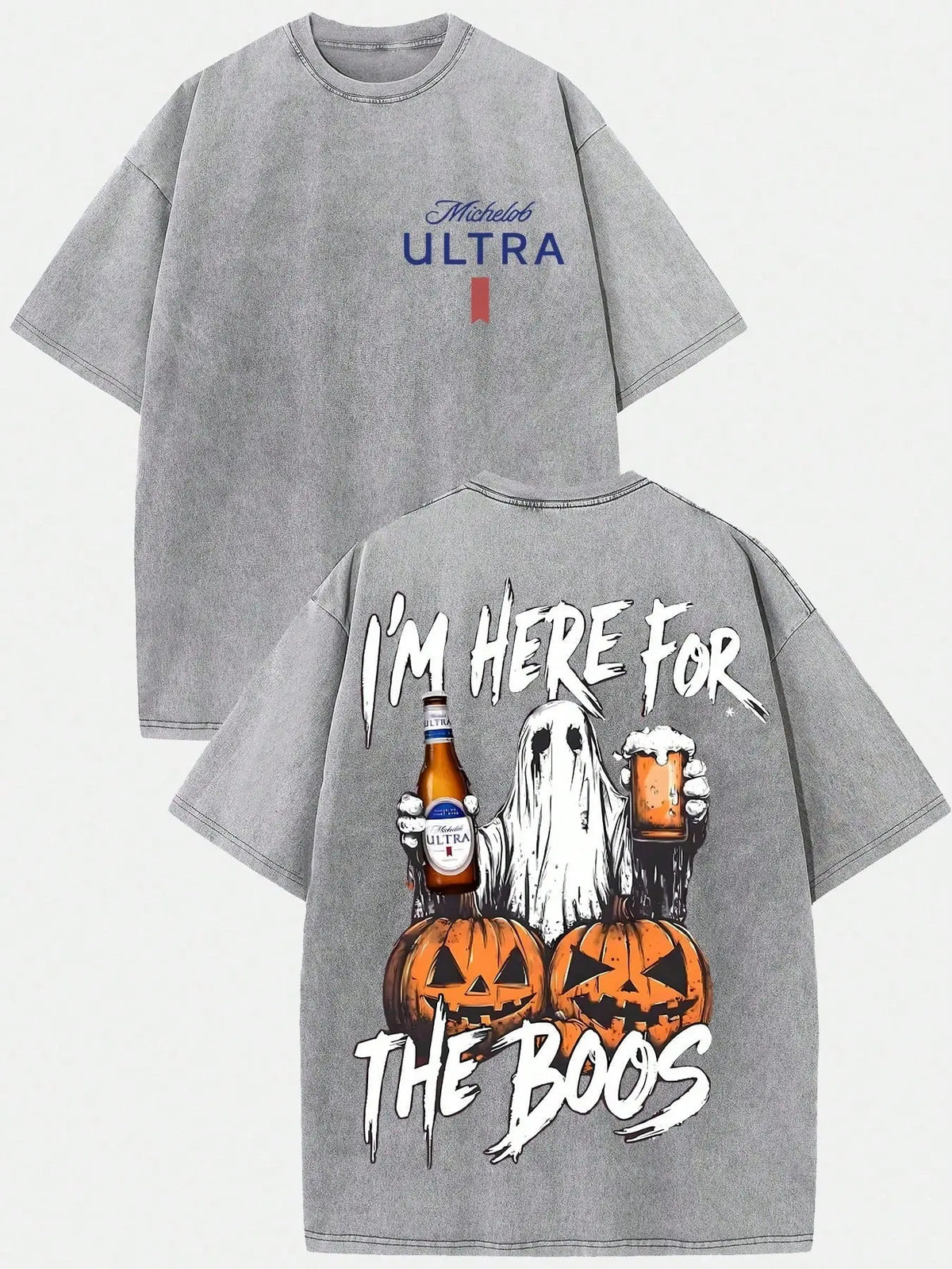 (230g T-Shirt)Halloween Themed Washed Cotton T-Shirt, Michelob Ultra Ghost "I'm Here For The Boos" Graphic, Loose Casual Crew Neck Short Sleeve Tee