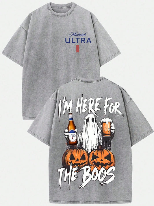 (230g T-Shirt)Halloween Themed Washed Cotton T-Shirt, Michelob Ultra Ghost "I'm Here For The Boos" Graphic, Loose Casual Crew Neck Short Sleeve Tee