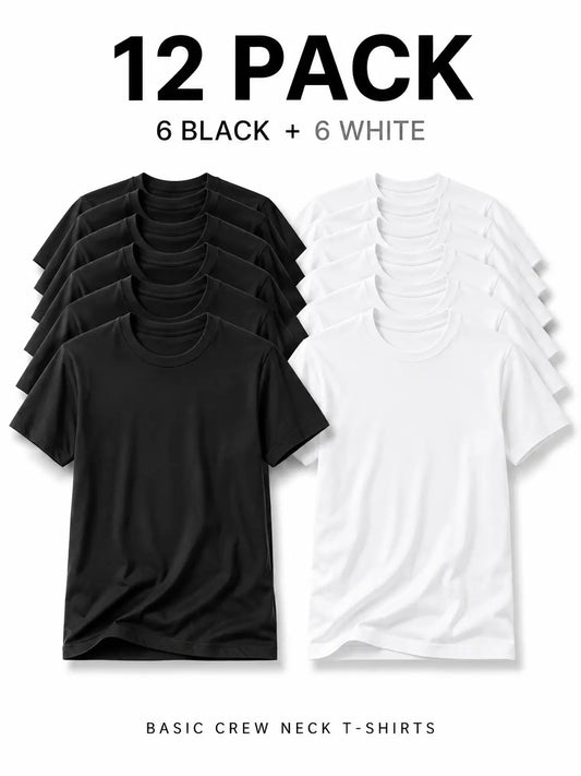 Men's 12-Pack Aesthetic Soft Vintage T Shirts - Unisex Round Neck Cotton Graphic Tops, Blank Drop Shoulder Short Sleeve Streetwear, Loose Oversized Tee (6 Black + 6 White, No Extra Add-ons)