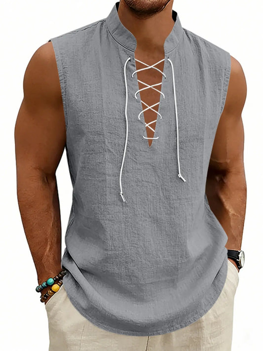American Summer Loose Casual Men's Viking Medieval Drawstring Linen Breathable Sleeveless Design Tank Top, Comfortable and Stylish Unisex Clothing