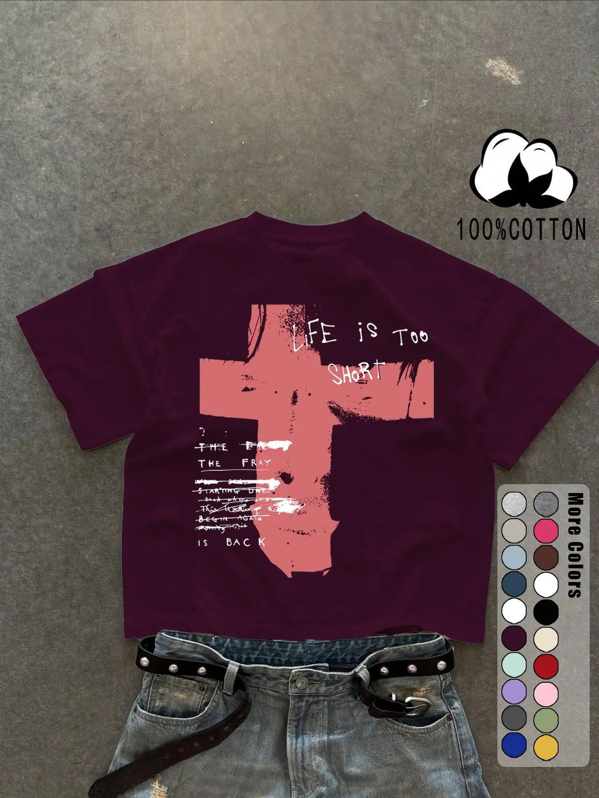 Unisex 100% Cotton Short Sleeve T-Shirt, Cross Graffiti Print, Y2K Dark Gothic Street Style, Streetwear, Casual Daily Wear, Loose-Fitting, Long Length, Aesthetic, Relaxed Fit
