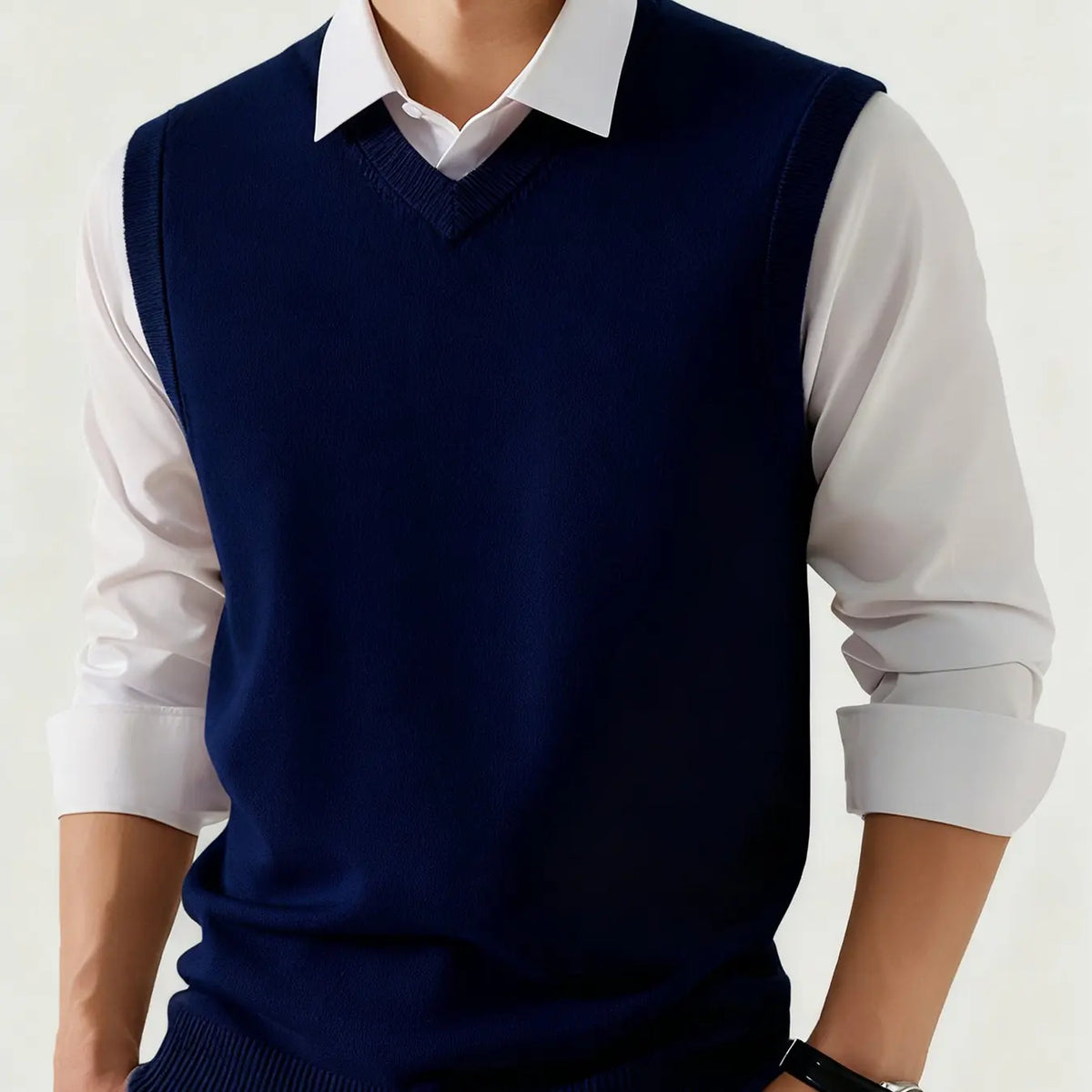 Men's V-neck Knit Vest - Menswear Tops, Polyester, Spring/Autumn Business Casual Sleeveless Basic Layerable Solid Color Vest
