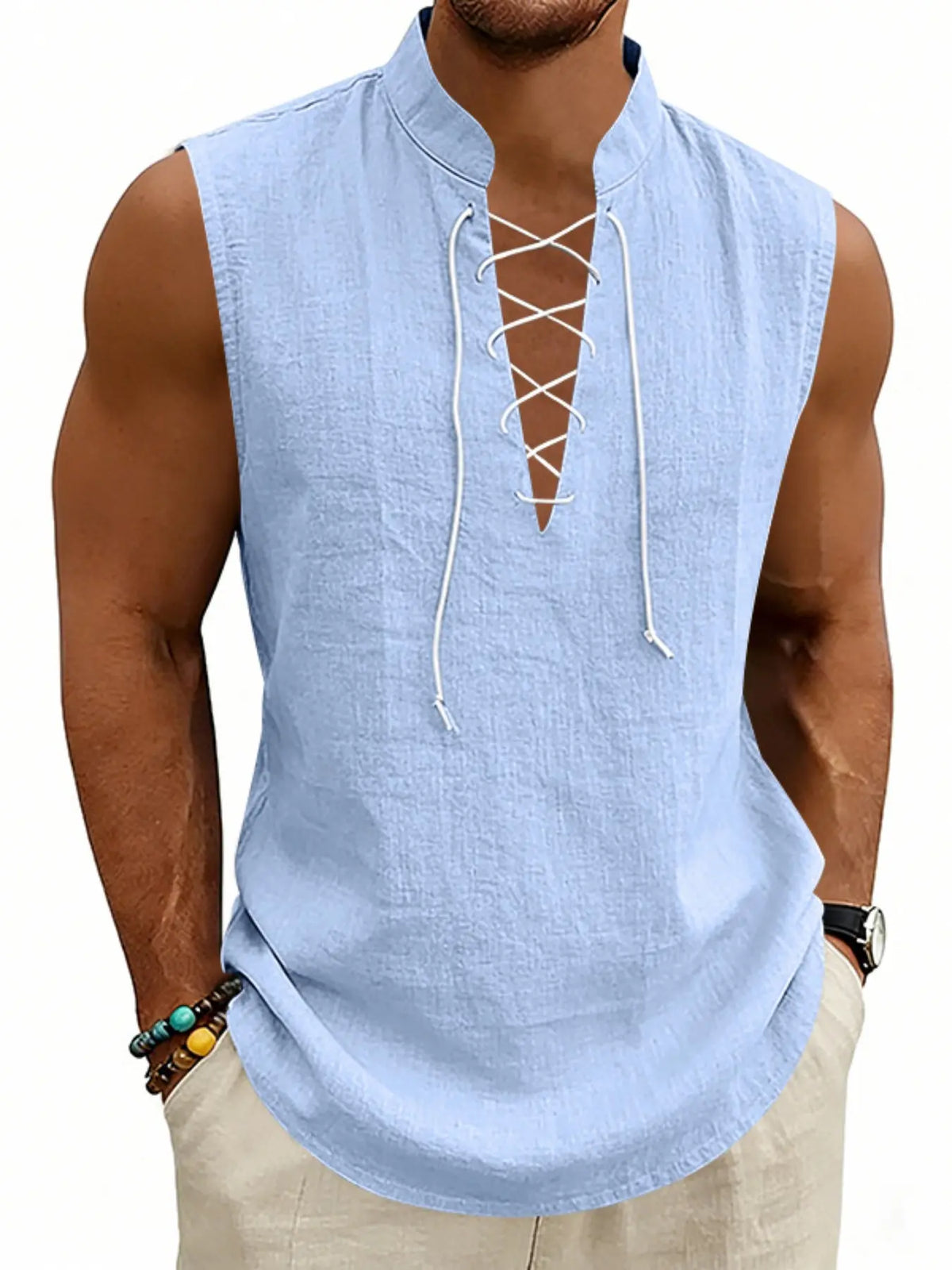 American Summer Loose Casual Men's Viking Medieval Drawstring Linen Breathable Sleeveless Design Tank Top, Comfortable and Stylish Unisex Clothing