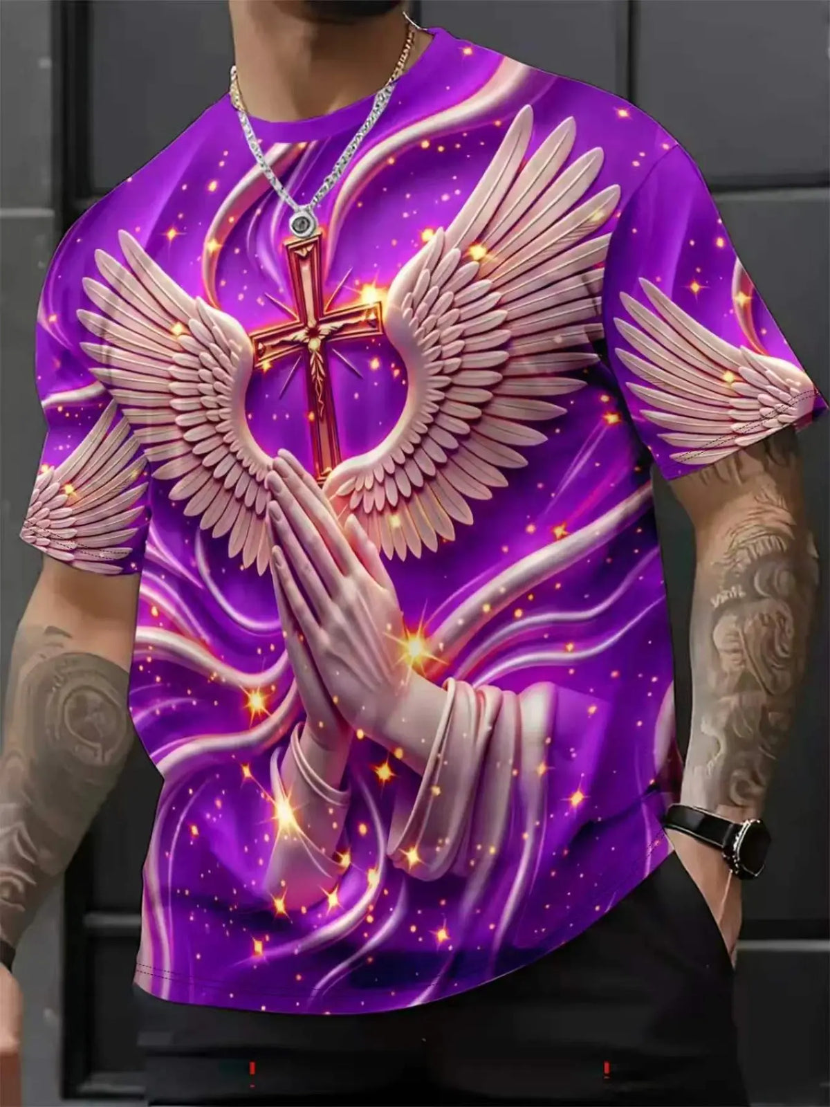 Men's Religious Prayer Angel Wings Cross 3D High Definition Graphic Print T-Shirt, Round Neck Short Sleeve Slim-Fit Summer Streetwear Stylish Tee