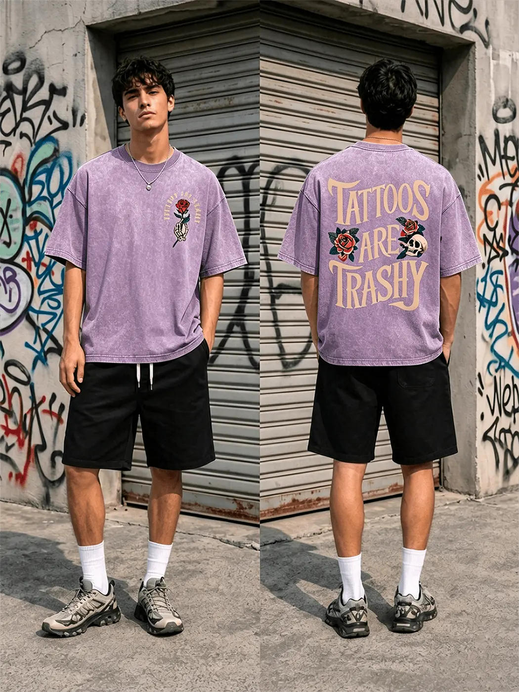Women's Classic Short-Sleeve Oversized Washed Graphic T-Shirt, Skull Rose Print, Heavyweight Fashion Fabric Streetwear Layer, Casual Summer Top