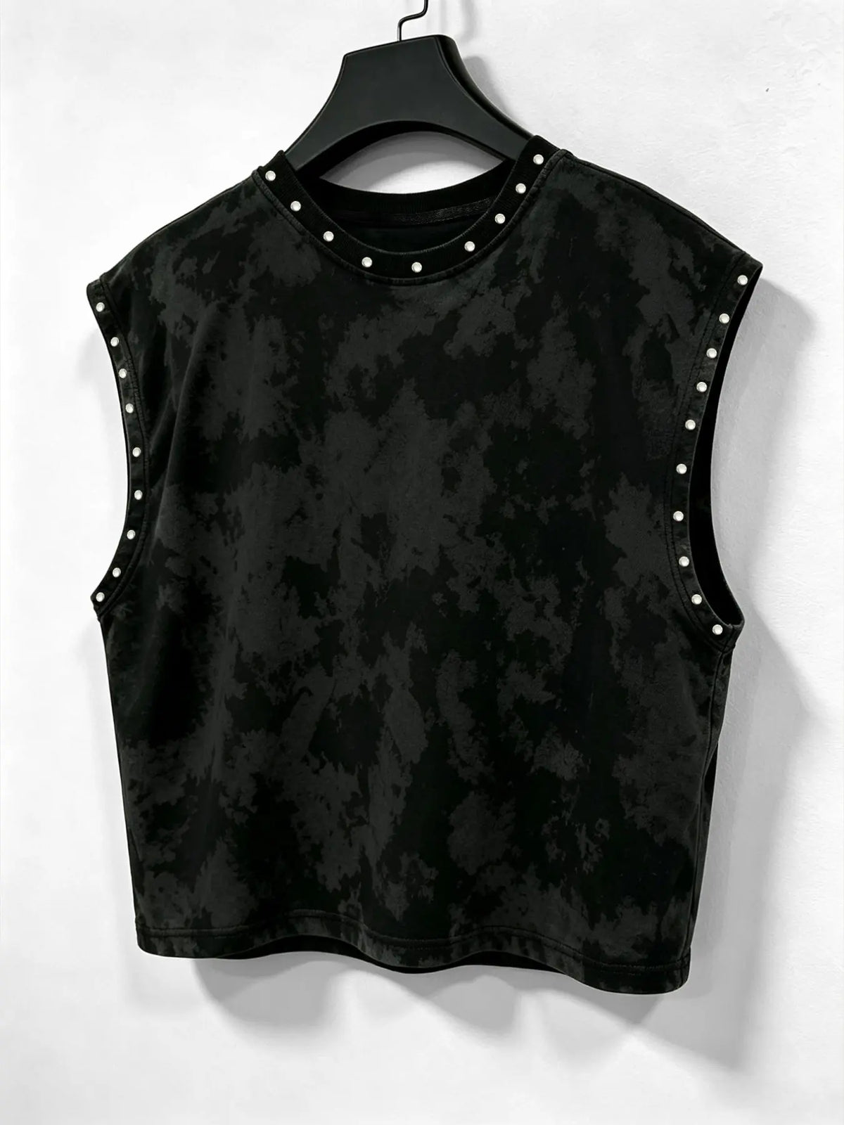 Men’s Studded Washed Vest Top, Distressed Sleeveless Tank with Pearl Detail and Dark Streetwear Style for Y2K, Grunge, Festival and Urban Outfits