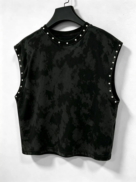 Men’s Studded Washed Vest Top, Distressed Sleeveless Tank with Pearl Detail and Dark Streetwear Style for Y2K, Grunge, Festival and Urban Outfits