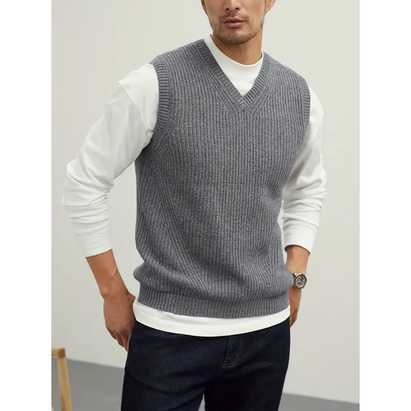 Menswear Stretch V Neck Sweater Vest Pullover Solid Color Sleeveless Preppy Style Black Collar for Fall Winter Nylon Fabric Beige Tops Casual Knit Wool