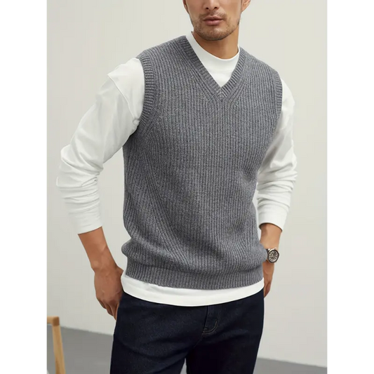 Menswear Stretch V Neck Sweater Vest Pullover Solid Color Sleeveless Preppy Style Black Collar for Fall Winter Nylon Fabric Beige Tops Casual Knit Wool