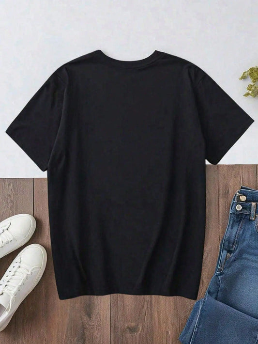 Men's Plus-Size Pure Cotton Casual Basic Tee, Large Letter Printed Round Neck Black Summer Menswear T-Shirt