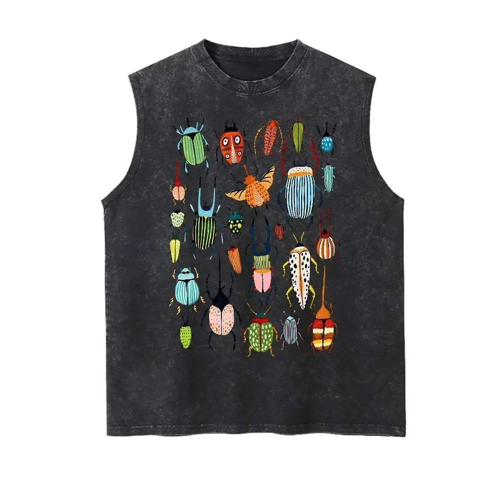 Men's Vintage Wash Garment-Dye High GSM Cotton 90s Graphic Beetle Insect Letter Print Loose-Fit Broken-In Soft Casual Sleeveless Tank Top - Menswear Streetwear Vest