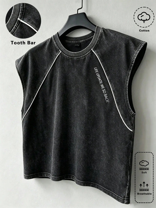 Unisex Raw Wash Cotton Sleeveless Top, H-Type Loose Fit, Short Casual Wear, Y2K Street Style, Graphic Print, No Collar, No Button, No Zipper