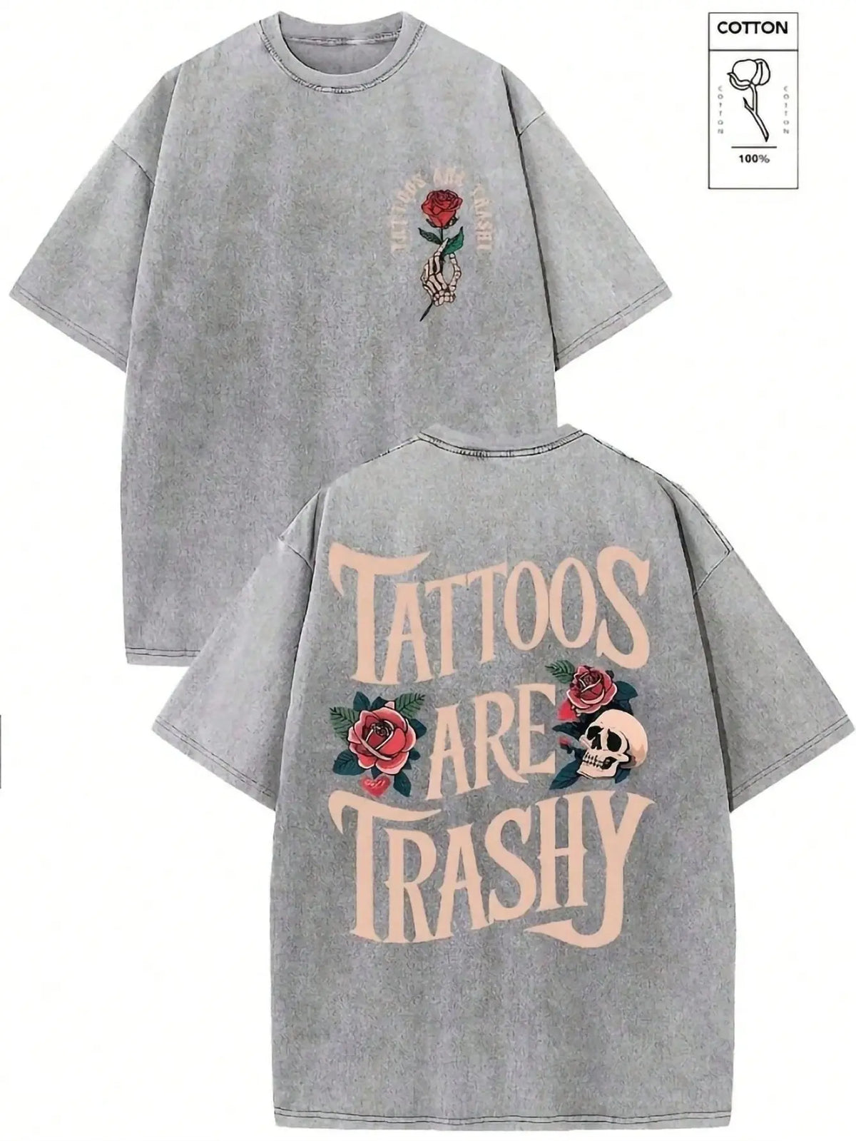 Women's Classic Short-Sleeve Oversized Washed Graphic T-Shirt, Skull Rose Print, Heavyweight Fashion Fabric Streetwear Layer, Casual Summer Top