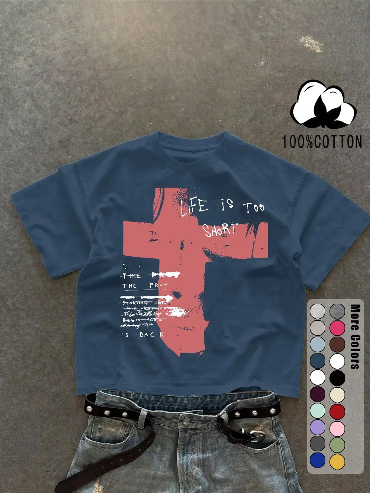 Unisex 100% Cotton Short Sleeve T-Shirt, Cross Graffiti Print, Y2K Dark Gothic Street Style, Streetwear, Casual Daily Wear, Loose-Fitting, Long Length, Aesthetic, Relaxed Fit