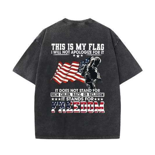 Men's 100% Cotton Soft Tshirt - Classic Casual Loose-Fit Shortsleeve Menswear Top, Bold "Stand for Freedom" Slogan, American Flag Pattern, Soldier & Americana Motifs, Letter Print, Casual Streetwear