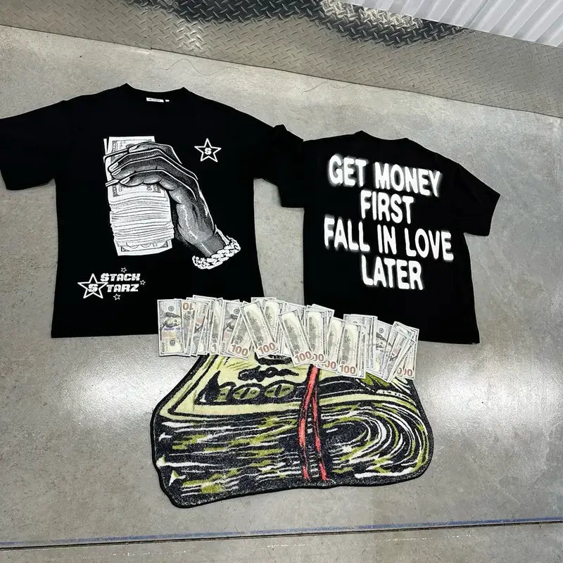 Men's Streetwear Short-Sleeve Round Neck Graphic "Get Money" Top, Casual Menswear T-Shirt