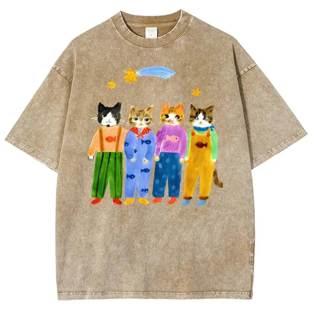 Women's Retro Hand-Painted Funny Cats in Overalls Short-Sleeve Cotton T-Shirt - Breathable Oversized Fit Streetwear Top for Vacation Outfits, Funny Graphic Tee