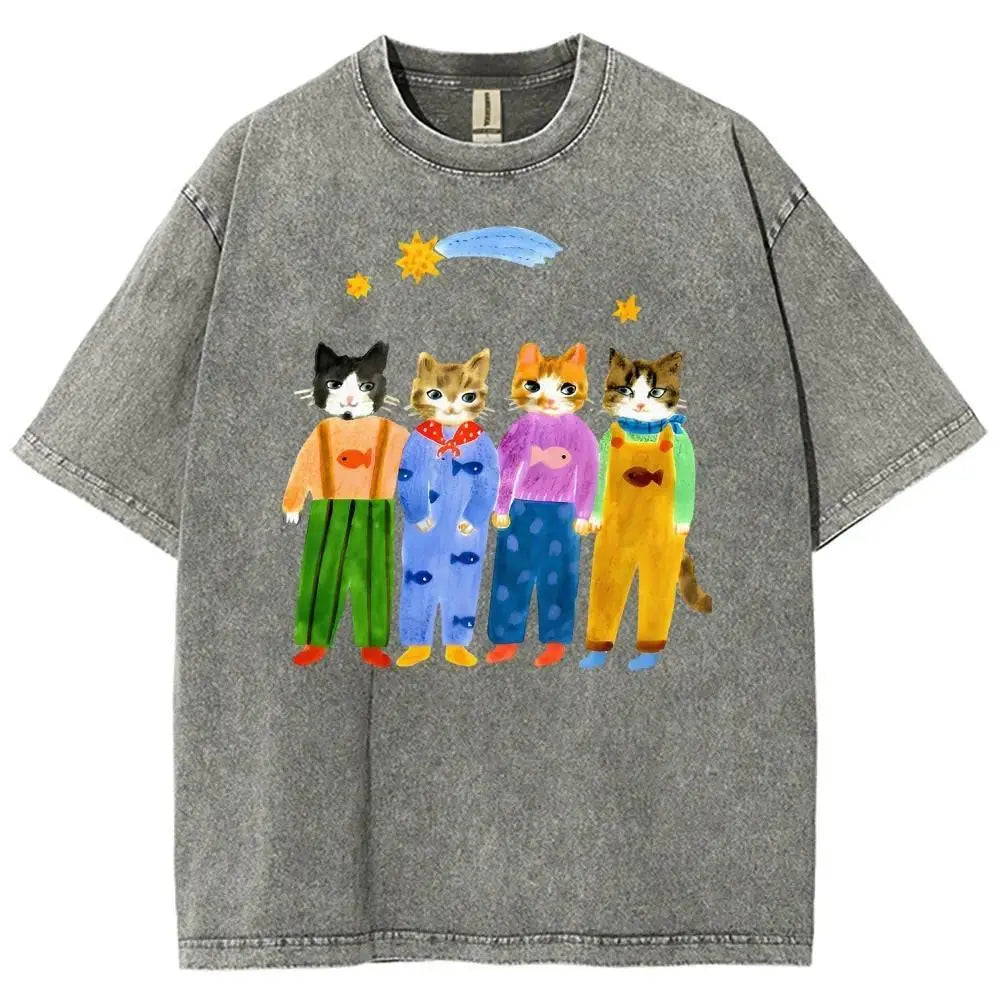 Women's Retro Hand-Painted Funny Cats in Overalls Short-Sleeve Cotton T-Shirt - Breathable Oversized Fit Streetwear Top for Vacation Outfits, Funny Graphic Tee
