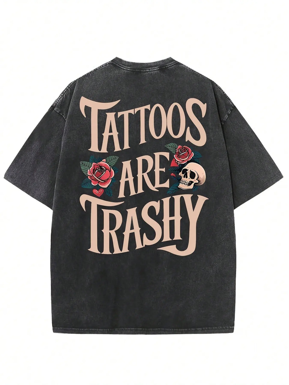 Women's Classic Short-Sleeve Oversized Washed Graphic T-Shirt, Skull Rose Print, Heavyweight Fashion Fabric Streetwear Layer, Casual Summer Top