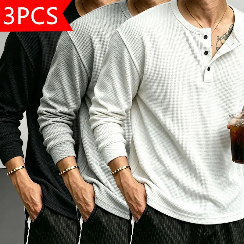 Men’s Classic Waffle-Knit Henley-Collar Short-Sleeve T-Shirt - Small Stand Collar, Half-Button Placket, Breathable Textured Knit Fabric, Relaxed Drop-Shoulder Casual Fit, Solid Basics Streetwear Top for Casual Everyday Wear