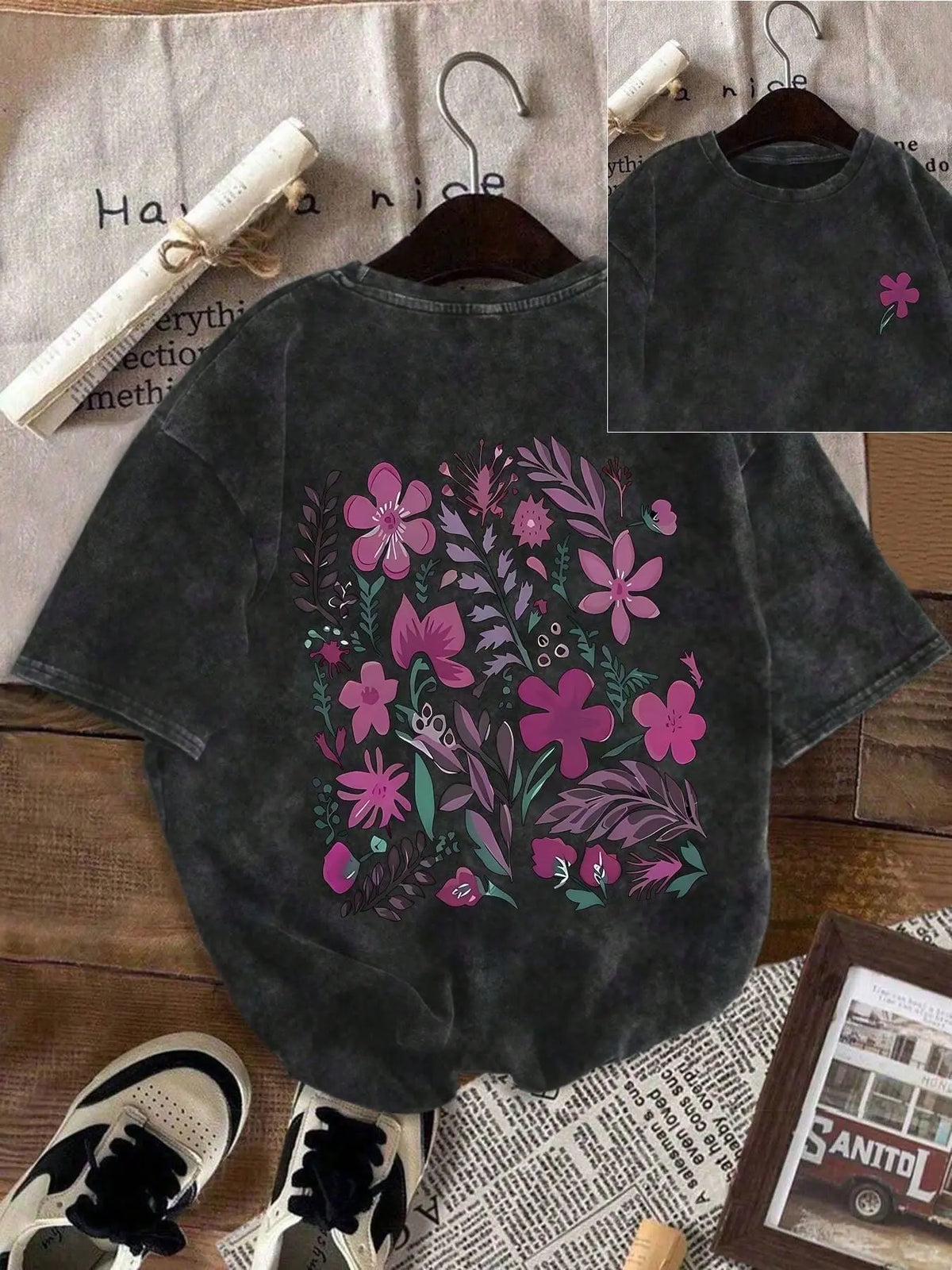 Women's 100% Washed Cotton Round Neck Short-Sleeve T-Shirt - Casual Relaxed-Fit Rural-Style Floral Print Comfortable Top for Daily Wear, Shortsleeve