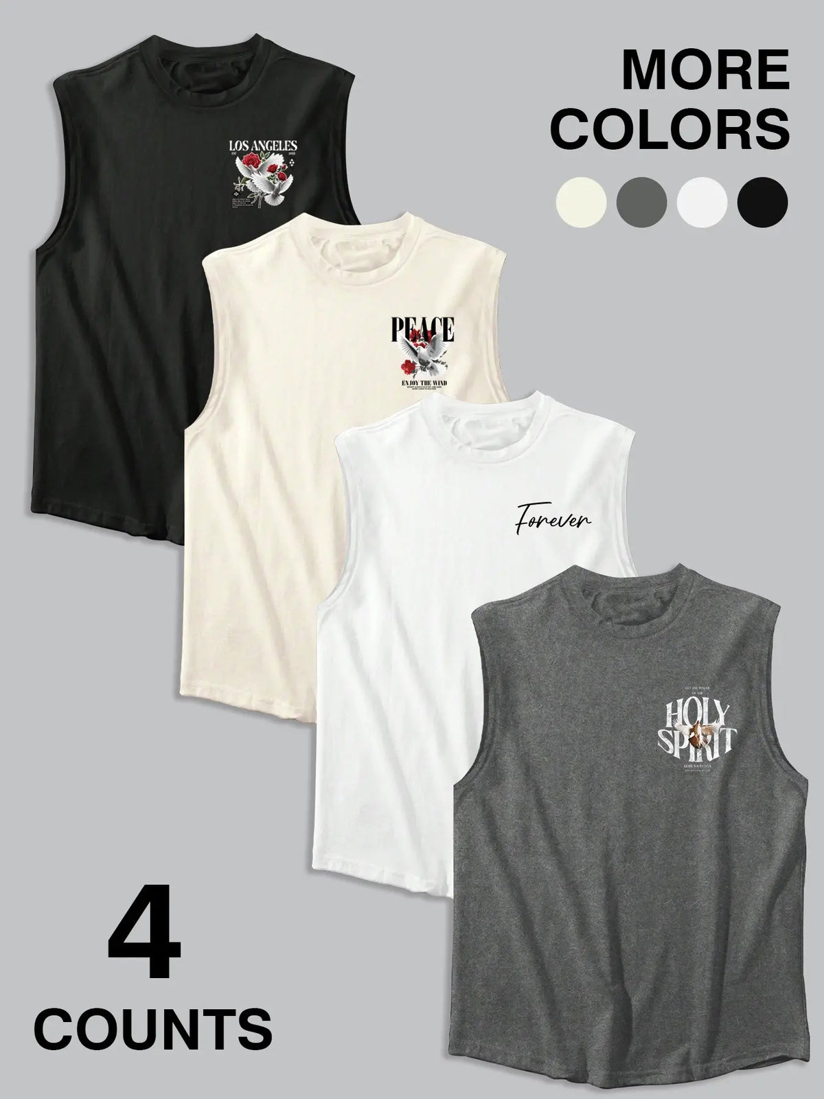 Four-Piece American Style Dove Rose Print Sleeveless Tank Tops, Loose Fit Retro Streetwear Men's Clothing, Casual Cartoon Pattern