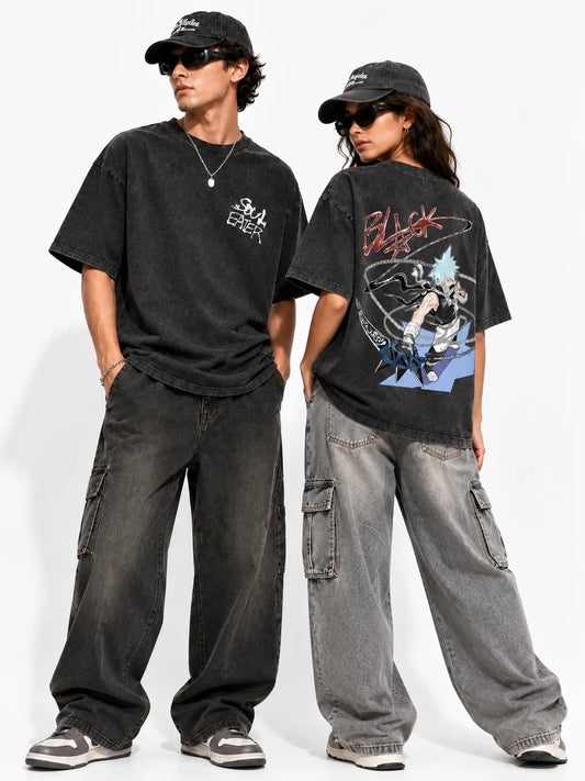 Unisex Soul Eater Black Star Anime Washed Cotton Crew Neck Short-Sleeve Sports T-Shirt - Men's Clothing, Double-Sided Japanese Manga Graphic Tee, Retro Streetwear, Regular Fit Summer Top, Gifts for Boyfriends, Cool Gifts for Guys, Shirts Graphic Tees