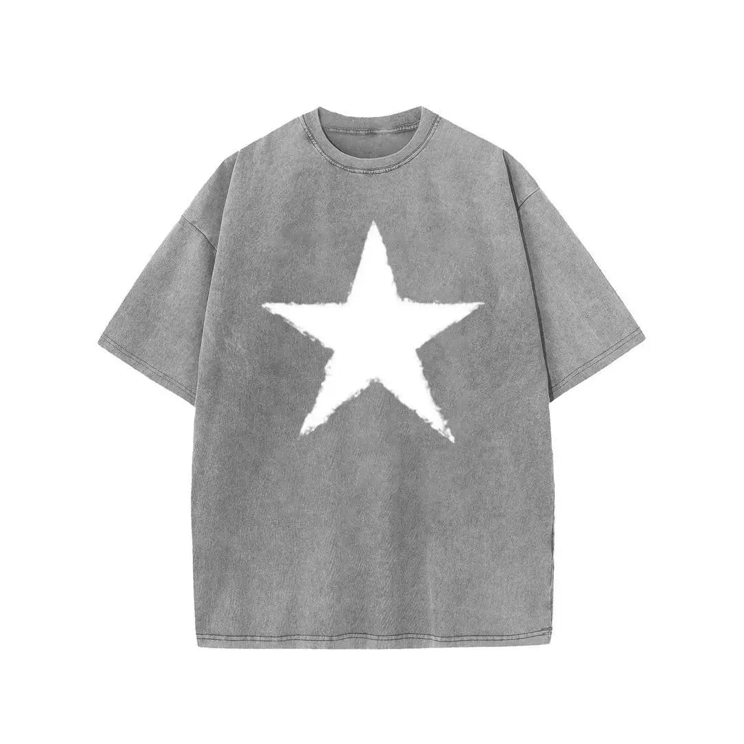 Holafish Star Graphic Acid Wash T-Shirt, Heavyweight Cotton Short Sleeve Tee, Unisex Casual Streetwear Summer Top for Men Women