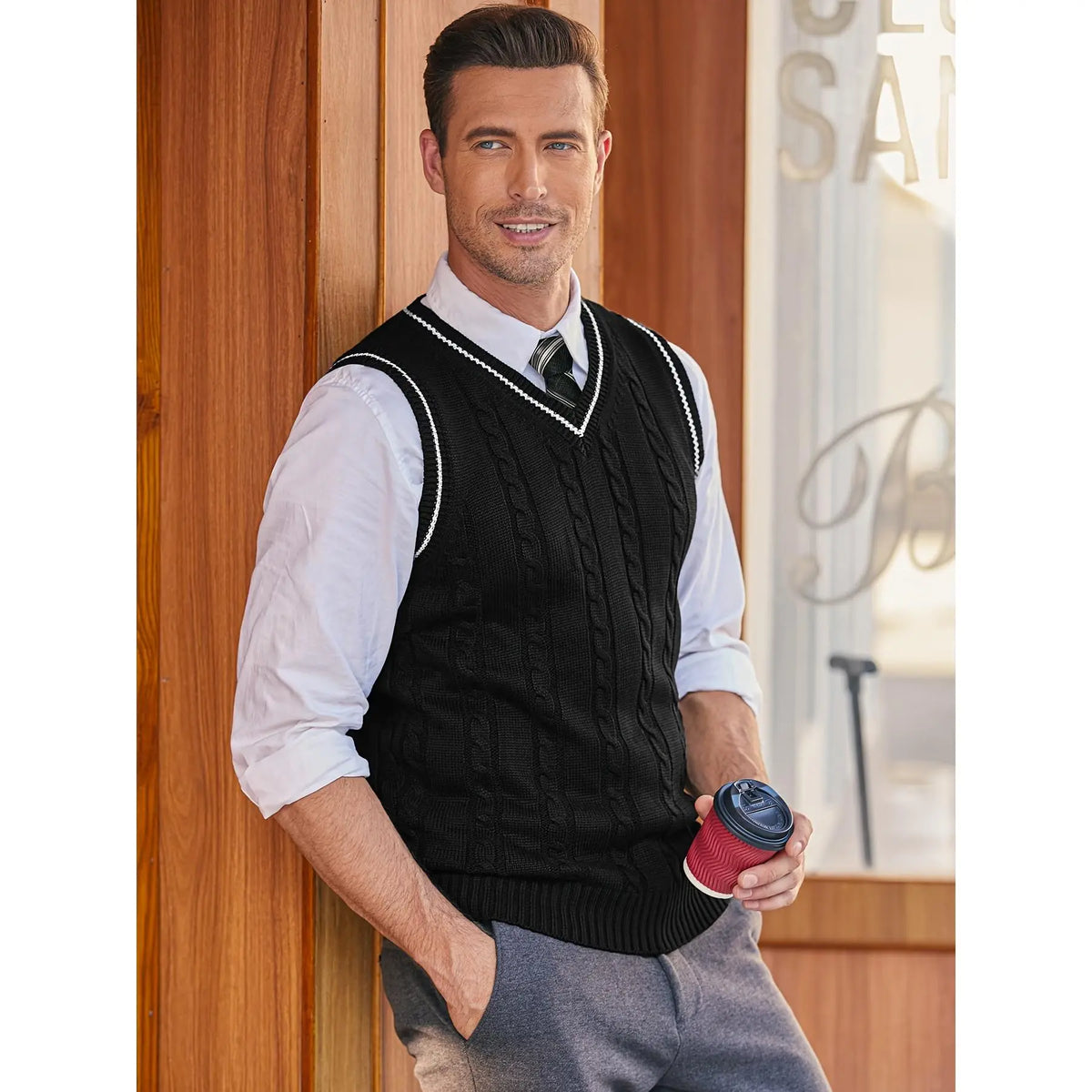 Male Slim-Fit V-Neck Stretch Knit Sweater Vest - Navy Blue, Khaki, Lightweight Breathable Fabric, Casual Sleeveless Pullover, Standard Sizes, for Spring/Fall Sports & Outdoor Wear, Menswear Tops, XXXL