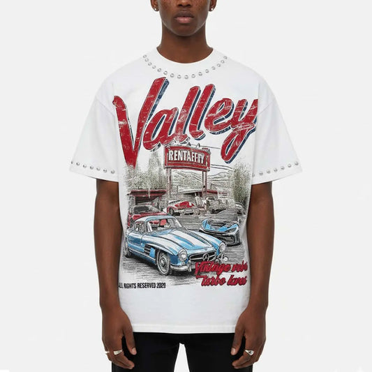 Sopula Studio Men's Valley Car Pattern Bead-studded streetwear casual  Tshirt Crewneck,summerwins,back to school,back to school shopping,clothes for back to school,first day of school outfits,vintage clothing